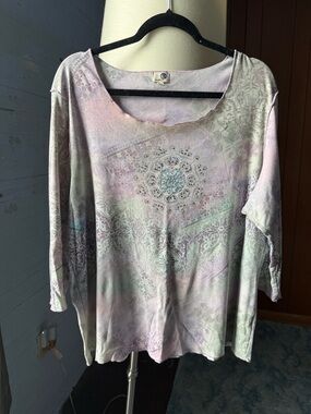 ONE WORLD Pastel Watercolor Scoop Neck Long Sleeve Tee with Beaded Medallion